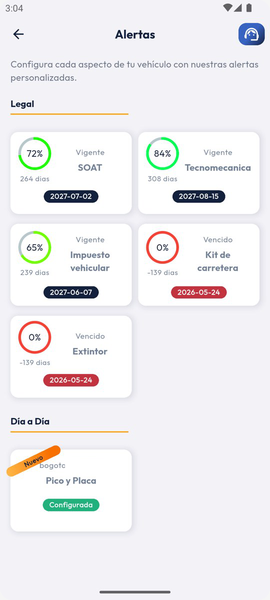 Pantalla de alertas de la app con el vencimiento del SOAT, la tecnomecánica, el impuesto y el pico y placa