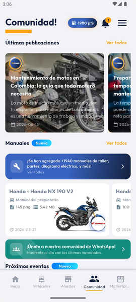 Pestaña de comunidad de la app con artículos del blog y manuales