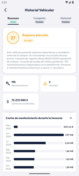 Historial vehicular de la app con el resumen de mantenimientos y costos del vehículo
