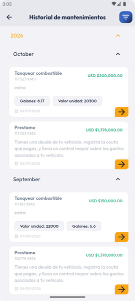 Historial de mantenimientos de la app con tanqueos y préstamos registrados por mes