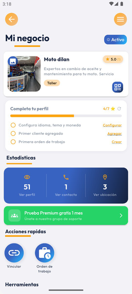Mi negocio en la app: ficha del taller, lista de avance del perfil, estadísticas y acciones rápidas