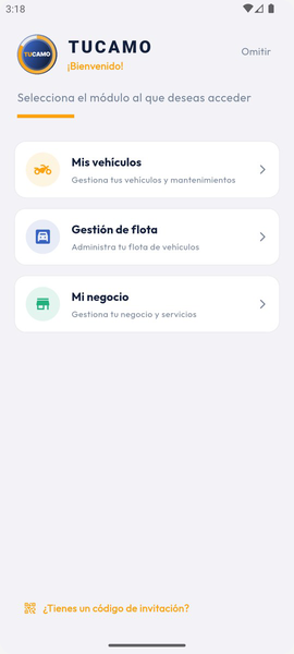 Selector de módulo de la app: Mis vehículos, Gestión de flota y Mi negocio