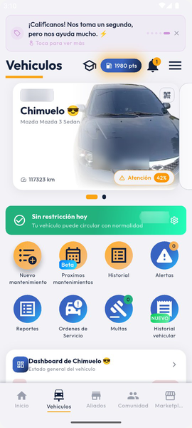 Lista de vehículos de la app Tucamo con la tarjeta del vehículo, sus puntos y el estado de pico y placa